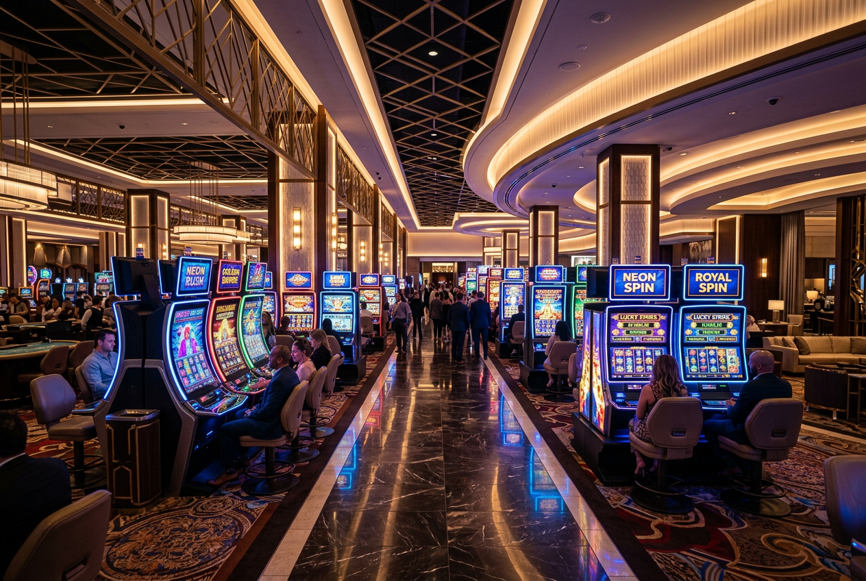 Luxury casino floor with glowing slot machines